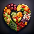 Healthy diet for the cardiovascular system with a heart-shaped plate. Royalty Free Stock Photo