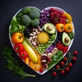 Healthy diet for the cardiovascular system with a heart-shaped plate. Royalty Free Stock Photo