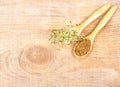 Fresh alfalfa sprouts and seeds - closeup. Royalty Free Stock Photo