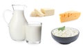 Healthy diet. Collage with different dairy products on white background Royalty Free Stock Photo