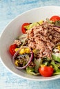 Healthy diet food tuna salad on white porcelain plate Royalty Free Stock Photo