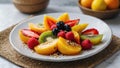 Healthy diet, light fresh fruit salad in a white bowl on a white background, strawberries and tropical fruits Royalty Free Stock Photo