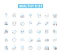 Healthy diet linear icons set. Nutrition, Cleanse, Balance, Grains, Meal-prep, Hydrate, Proteins line vector and concept