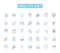 Healthy diet linear icons set. Nutrition, Cleanse, Balance, Grains, Meal-prep, Hydrate, Proteins line vector and concept