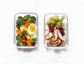 Healthy diet snack, breakfast lunch box on light background, top view. Boiled egg, fresh vegetables and fruits - tasty healthy Royalty Free Stock Photo