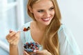 Healthy Diet. Woman Eating Cereal, Berries In Morning. Nutrition Royalty Free Stock Photo