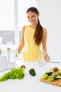 Healthy Diet. Woman Making Detox Smoothie Juice. Vegetarian Eating, Food Royalty Free Stock Photo