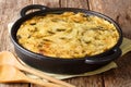 Healthy dietary English food Bubble & Squeak from baked mashed potatoes with cabbage and Brussels sprouts in a pan on the table. Royalty Free Stock Photo