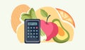 Healthy dieting banner template with with food icons and Calculator for Calories Counting. Royalty Free Stock Photo