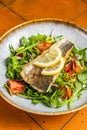 Healthy diner with sea bass fillet and vegetable salad, seabass fish. Orange background. Top view Royalty Free Stock Photo