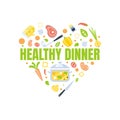 Healthy Dinner Banner Template with Kitchen Utensils and Fresh Products of Heart Shape Vector Illustration Royalty Free Stock Photo