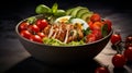 Healthy dinner. Buddha bowl lunch with grilled chicken, avocado, tometoes, eggs. Royalty Free Stock Photo