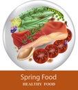 Healthy dinner plate salmon and vegetables Vector realistics