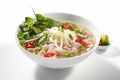 dish pho soup asian broth food background white bowl traditional bo noodle. Generative AI.