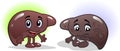 Healthy and diseased liver. Mascot with face and emotion. Sadness and joy. Healthy and unhealthy diet. Vector illustration.