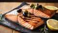 healthy dish: A grilled salmon fillet with lemon slices and fresh dill on a plate Royalty Free Stock Photo