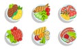 Healthy Dishes Set, Top view of Grilled Meat, Fish and Vegetables on Plates Vector Illustration