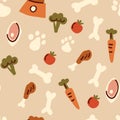 Healthy dog food pattern on beige background - tomato, beef, chicken, broccoli, bone, dog bowl, carrot