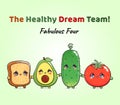 The Healthy Dream Team card. Avocado bread tomato and cucumber. Vector hand drawn doodle style cartoon character