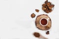 Healthy drink coffee from chaga mushroom on a white background. Top view. Copt spaes