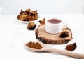 Healthy drink coffee from chaga mushroom on a white background. Top view. Copt spaes