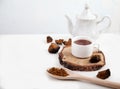 Healthy drink coffee from chaga mushroom on a white background. Top view. Copt spaes