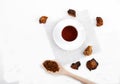 Healthy drink coffee from chaga mushroom on a white background. Top view. Copt spaes
