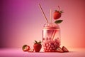 Healthy drink - Strawberry soda. Ad in pink banner. 3D illustration of gradient bottle filled with strawberry beverage, surrounded