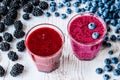 Healthy drinks. smoothies with blackberry and blueberry with ingredients.