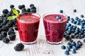 Healthy drinks. smoothies with blackberry and blueberry with ingredients.