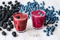 Healthy drinks. smoothies with blackberry and blueberry with ingredients.