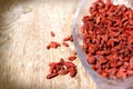 Healthy dry organic wolfberry - goji in glass bowl closeup Royalty Free Stock Photo