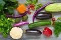 Healthy eating background. Colorful fresh vegetables on gray background. Organic food. Top view