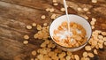 Healthy eating background. Pouring in fresh milk into bowl of cornflakes