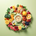 Healthy eating, balanced diet, intermittent fasting concept. Fresh vegetables, fruits and clock on green background. Generative AI Royalty Free Stock Photo