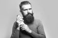 Healthy eating. bearded serious man with milk bottle Royalty Free Stock Photo