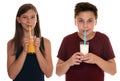 Healthy eating children drinking milk and orange juice Royalty Free Stock Photo