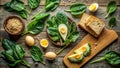 Healthy eating composition spinach, eggs, grain, and bread. Generative AI Royalty Free Stock Photo