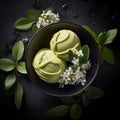 Healthy eating concept. Avocado or pistachio ice cream on a plate on the table. Top view.AI generated Royalty Free Stock Photo