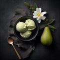 Healthy eating concept. Avocado or pistachio ice cream on a plate on the table. Top view.AI generated Royalty Free Stock Photo