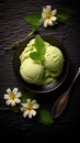Healthy eating concept. Avocado or pistachio ice cream on a plate on the table. Top view. AI generated Royalty Free Stock Photo