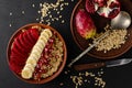 Healthy eating concept. Balanced breakfast with oats porridge,banana, pomegranate seeds and opuntia cactus fruit. Flat lay, top