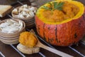 Healthy eating concept for diet containing fiber, pumpkin, pumpkin seeds and pumpkin porridge