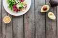 Healthy eating concept flat lay. Mediterranean diet, food on wooden background