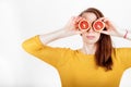 Healthy eating concept. Joyful happy young woman holding juicy o