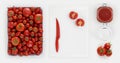 Healthy eating concept many fresh tomatoes with sauce in jar glass, cutting board on kitchen white worktop, copy space, top view