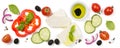 Healthy eating concept - selection of greek salad ingredients on white background Royalty Free Stock Photo