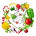 Healthy eating concept. Vegetables flying in a whirl for a salad over a plate