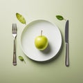 Healthy eating concept, weight loss, intermittent fasting. Green apple on a plate, top view. Generative AI