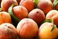 Healthy eating concept. Wooden tray fully stacked with local produce farm grown organic ripe peaches. Royalty Free Stock Photo